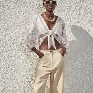 Zara Linen Blend Pastel Striped Balloon Sleeve Front Tie Crop Top Size Small